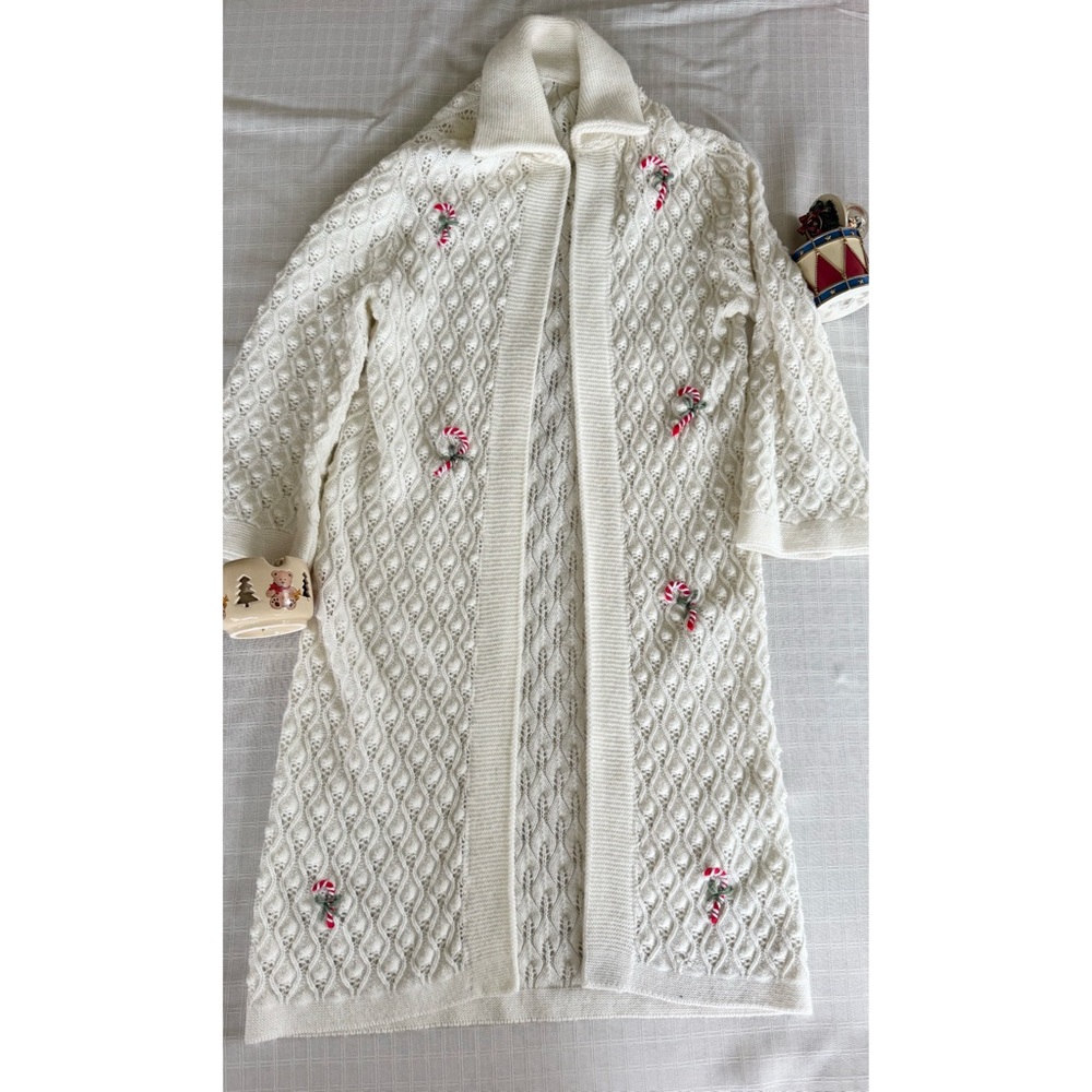 Christmas candy cane Embroidered White Knit Cardigan